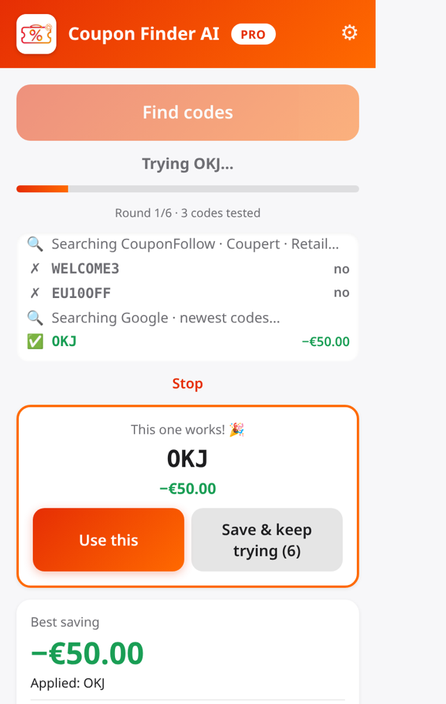 Coupon Finder AI popup trying codes live